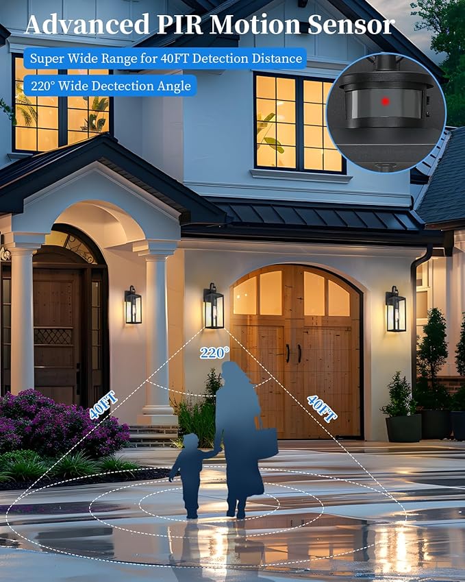 17'' Motion Sensor Outdoor Lights Wall Mount, Dusk to Dawn Exterior Light Fixture, Waterproof Anti-Rust Porch Light Outside Wall Lights for House, Black Wall Sconce Lanterns with Clear Glass, 2 Pack