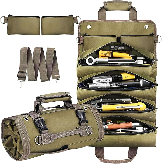 Roll Up Tool Bag Organizer, Tool Bags for Men, Tool Roll Bag with 2 Detachable Zipper Pouches, Heavy Duty Tool Bag for Dad Birthday, Father’s Day Gifts, Handyman or RV Owners (Khaki)