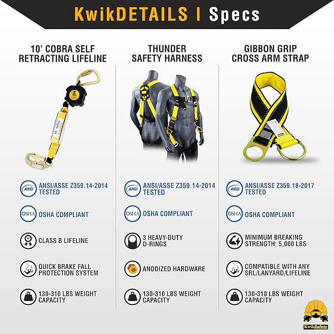 KwikSafety - 10' Cobra Web Self-Retracting Lifeline [KIT] Class 1 Retractable Safety Lanyard SRL ANSI OSHA Fall Gear