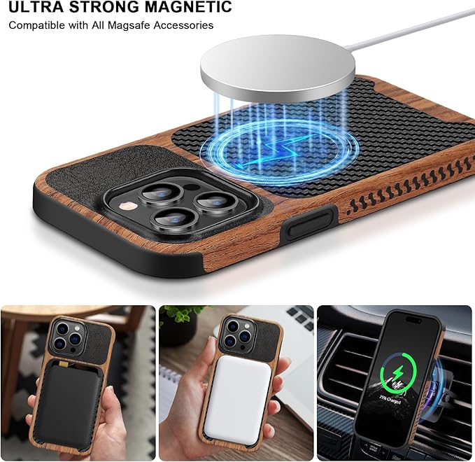 TENDLIN Magnetic Case Compatible with iPhone 15 Pro Case Wood Grain with Carbon Fiber Texture Design Leather Hybrid Slim Case (Compatible with MagSafe) Black