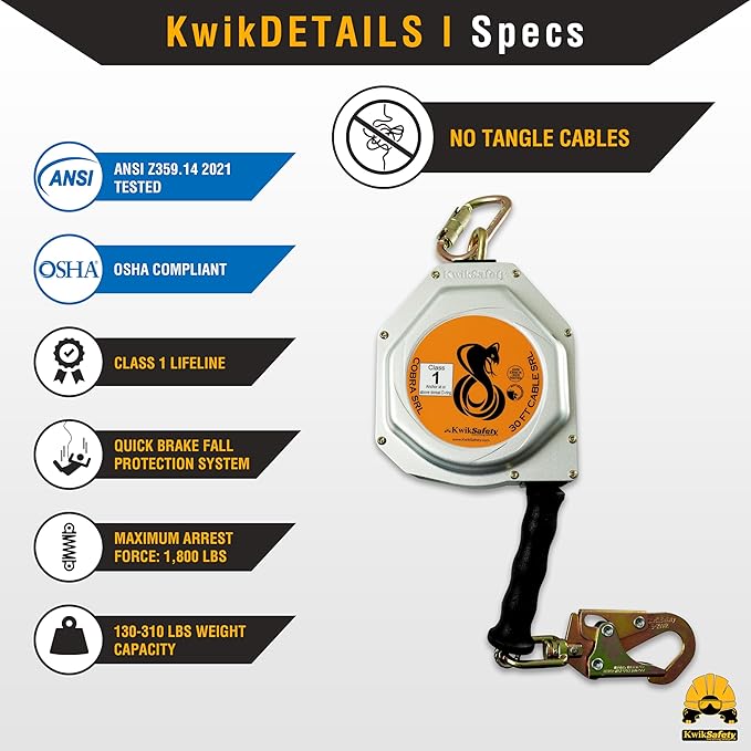 KwikSafety - Charlotte, NC - Cobra 30' Self Retracting Lifeline [NO Tangle Steel Cable] Class 1 SRL ANSI OSHA Retractable Fall Arrest Safety Construction Roofing PPE Gear