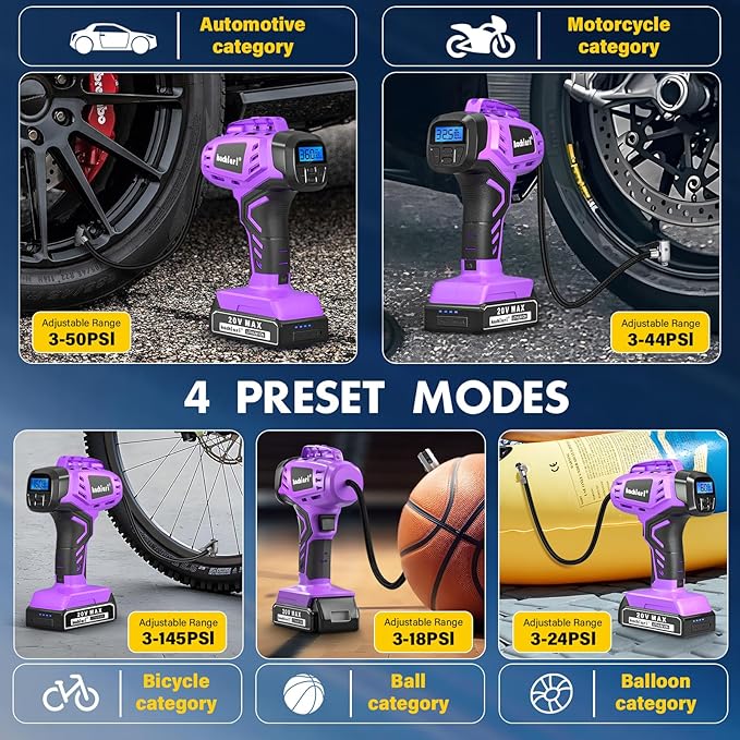 Tire Inflator Portable Air Compressor, 20V Cordless Car Tire Pump, Rechargeable Battery Powered Air Compressor w/12V DC Adapter Purple