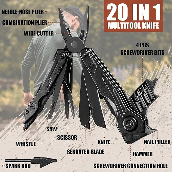 Freelander 20-in-1 Multitool, Multi Tool Pocket Knife with Screwdriver, Bottle Opener, Nylon Sheath and Pocket Clip, Needle Nose Pliers, EDC Multi-Tool Gear Gift for Him, Men