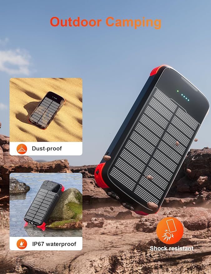 Solar Charger Power Bank, 40000mAh Portable Phone Charger Built in 4 Cables with USB C in/Output, PD 20W Fast Charging Portable Charger, External Battery Pack with Dual Bright Flashlights