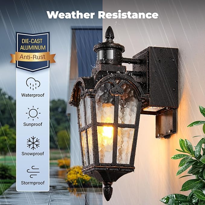 Outside Wall Lights for House with GFCI Outlet, Oil-Rubbed Bronze Motion Sensor Outdoor Lights, Dusk to Dawn Outdoor Lantern Fixture, Anti-Rust Porch Light with Outlet for Garden Front Door
