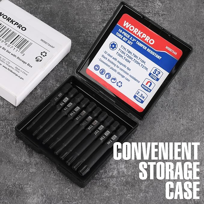 WORKPRO 10pcs Security Torx Bit Set, CNC Machined S2 Steel Star Bit Set, 2.3" Long Tamper Proof Torx Screwdriver bit with Magnetic Tips, Tamper Resistant Fastener Drive Bits with Storage Box