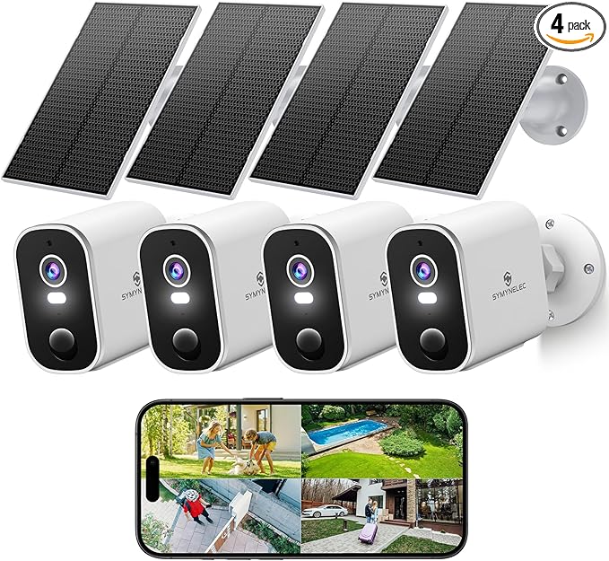 SYMYNELEC Solar Security Cameras Outdoor: 4-Pack Wireless Surveillance System - 2K Night Vision Motion Detection - Waterproof Home Monitoring Year-Round for Homeowners