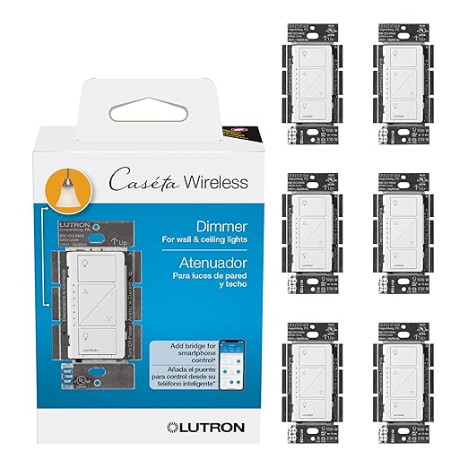 Lutron Caseta Original Smart Dimmer Switch (Lutron Smart Hub Required), for LED Lights, 150 Watt, Single-Pole/3-Way, No Neutral Required, PD-6WCL-WH, White, 6 Pack