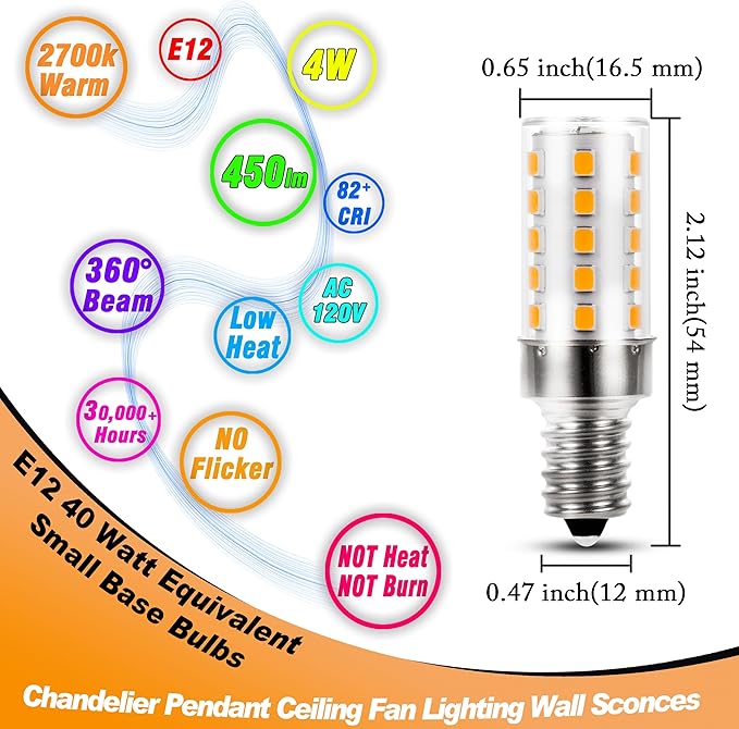 E12 40 Watt Equivalent LED Light Bulbs 2700K Warm White 120Volt 450lm 4W T6 C7 E12 Small Base LED Candelabra Bulb for Chandelier Pendant Ceiling Fan Lighting Wall Sconces, Non-Dimmable, 4 Pack
