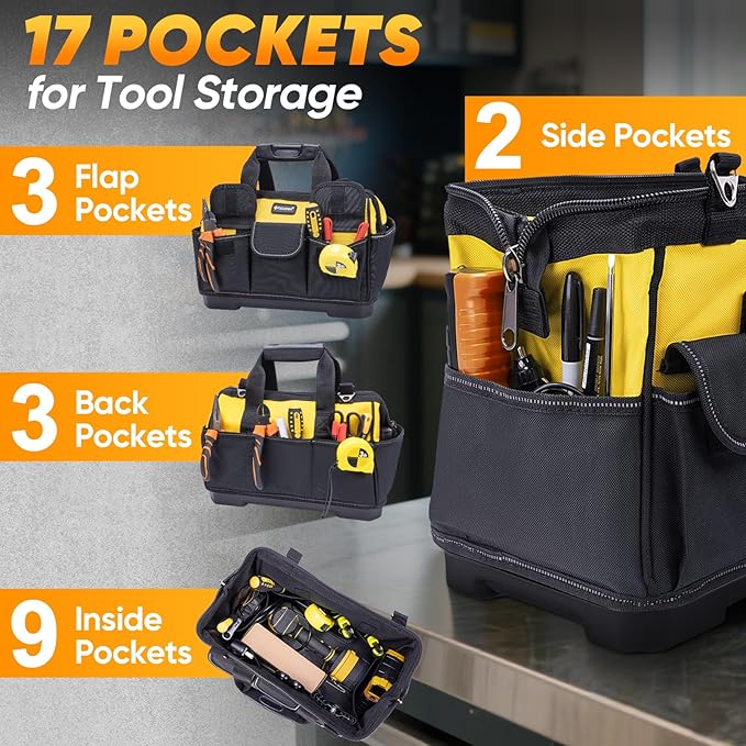 TICONN Heavy Duty Tool Bag with Multi-Pockets, Portable Tool Box Organizer Storage Bag, with Adjustable Shoulder Strap and Ergonomic Handle (Yellow, 16" Molded Base)