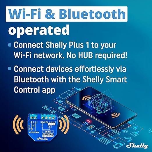 Shelly Plus 1 UL | WiFi Smart Relay Switch with Dry Contacts | Home Automation | Bluetooth Gateway | Alexa, SmartThings & Google Home Compatible | No Hub | DIY Remote Control | Garage Door Opener