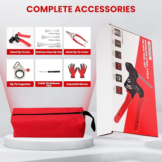 Stainless Steel Cable Tie Gun Set – Heavy Duty Metal Zip Tie Tool Kit with 150PCS Self-Locking Ties, Adjustable Fastening & Cutting Tool for Outdoor Fencing, Exhaust Pipes, Automotive (Red)