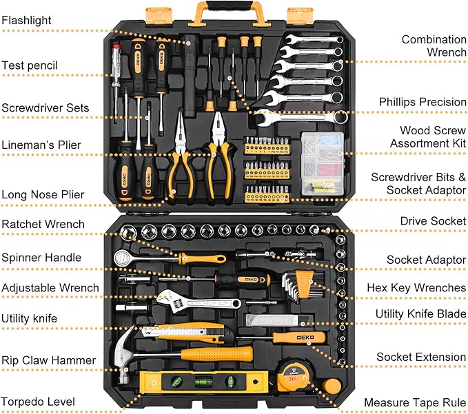 DEKOPRO 208 Piece Tool Set,General Household Hand Tool Kit, Auto Repair Tool Box with Plastic Toolbox Storage Case