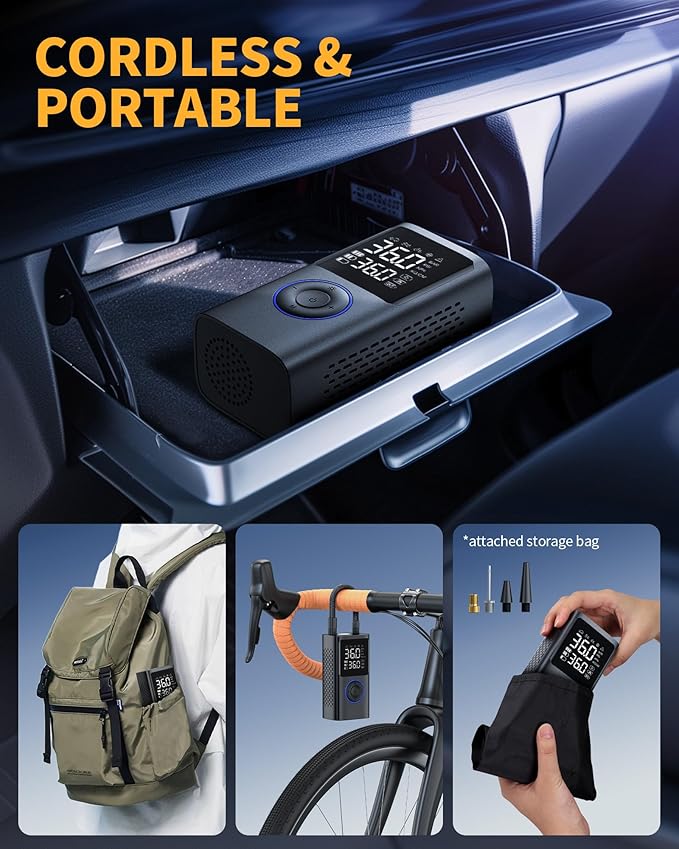 Tire Inflator Portable Air Compressor, 150 PSI Cordless Bike Pump, Air Pump for Auto, Motorcycle, Bicycle, Balls with Pressure Gauge, LED Light & Car Accessories, Blue, Medium