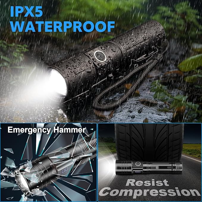 AdamStar Flashlight High Lumens Rechargeable Super Bright Flashlight Zoomable LED Flash Light with Dimmable, 6 Modes Waterproof Handheld Powerful Tactical Flashlights for Camping Emergency (3 Pack)