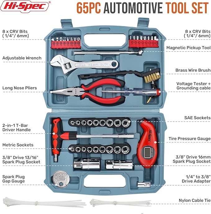 Hi-Spec 65pc Compact Auto Garage Tool Kit Set with Digital Tire Pressure Gauge. Essential Car Vehicle Repair Tools in a Toolbox Case of Screwdrivers, Sockets, Wrench and Magnetic Pickup
