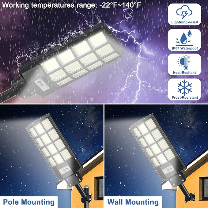 Solar Street Lights Outdoor Dusk to Dawn, 3000W Solar Flood Light Waterproof with Motion Sensor 350000LM Parking Lot Light 2 Pack