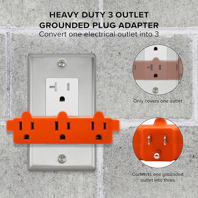 Maxxima Heavy Duty 3 Grounded Multi Outlet Adapter - Wall Plug Extender, Turns 1 Outlet into 3, Ideal for Garage, Workspace, and Indoor Use, Orange Adapter - Pack of 4