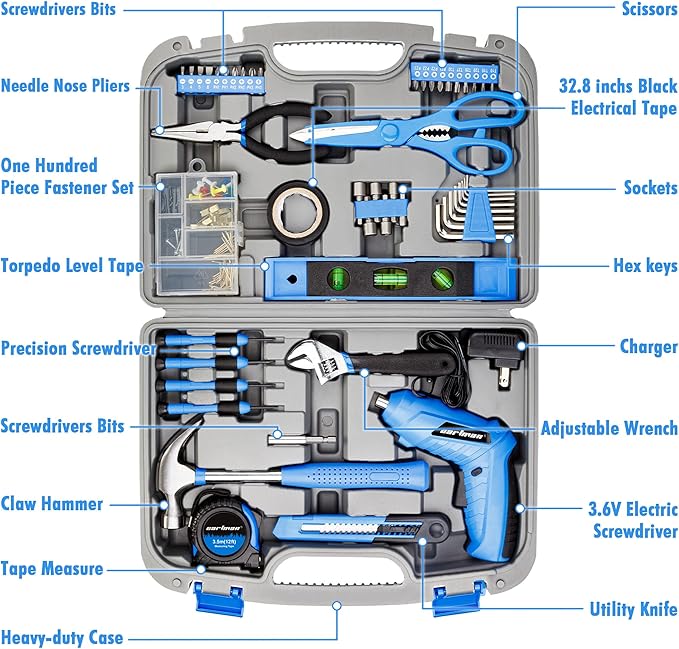 Cartman 149 Piece Tool Set General Household Hand Tool Kit with Cordless Screwdriver Blue