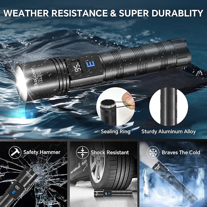 3Pack Rechargeable Flashlights 990,000 High Lumens, Super Bright Flashlight with LCD Digital Display, 5Modes Adjustable LED Flashlight Tactical Flashlights High Powered, Flash Lights for Emergency
