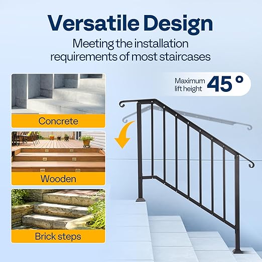 VIVOHOME 2-Pack 4 Step Galvanized Steel Hand Rails for Outdoor Steps – Curved Ends and Safety Balusters Exterior Railing for Porch, Deck, or Indoor Stairs, Complete Installation Kit