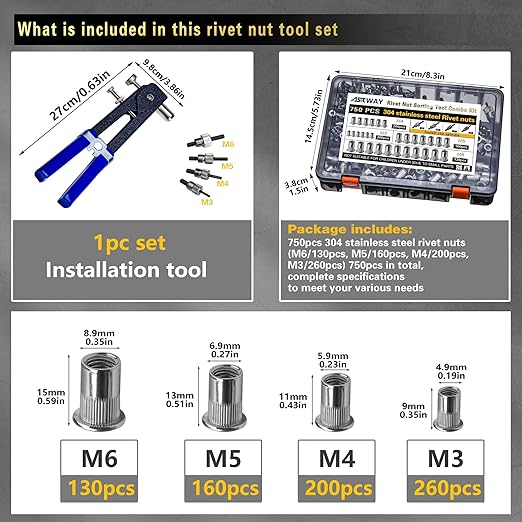 Stainless Steel Rivet Nut Tool Kit 750 Pcs 304 Stainless Steel Rivet Nut Combination, Suitable for Furniture, Decoration, Automotive, Marine and Industrial Applications