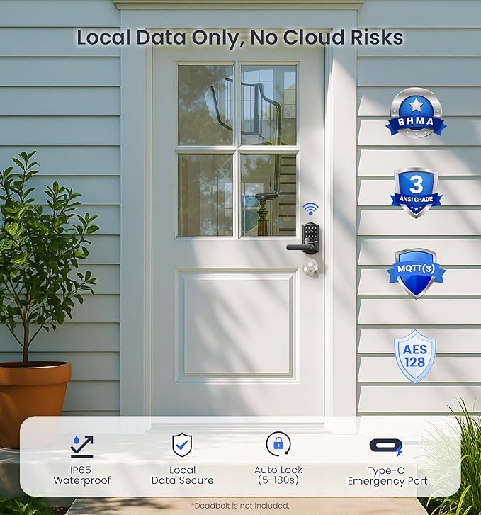 Veise VE029 WiFi Smart Lever Lock, Fingerprint Keyless Entry Door Lock with Handle, Built-in WiFi, Remote App Control, Electronic Digital Knob for Front Door and Bedroom, IP65 Waterproof, Matte Black