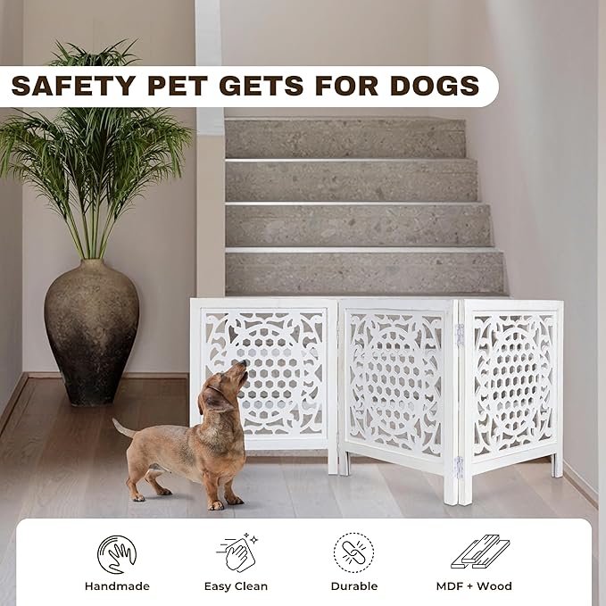 Bedding Craft Wooden Dog Gate 20" Wide x3 Panels,Color White, Total 60 inch Wide, Foldable Free Standing Dog Gate Indoor,Dcorative Gates Doorways, 3 Panels Pet Gate Extra 24" Height