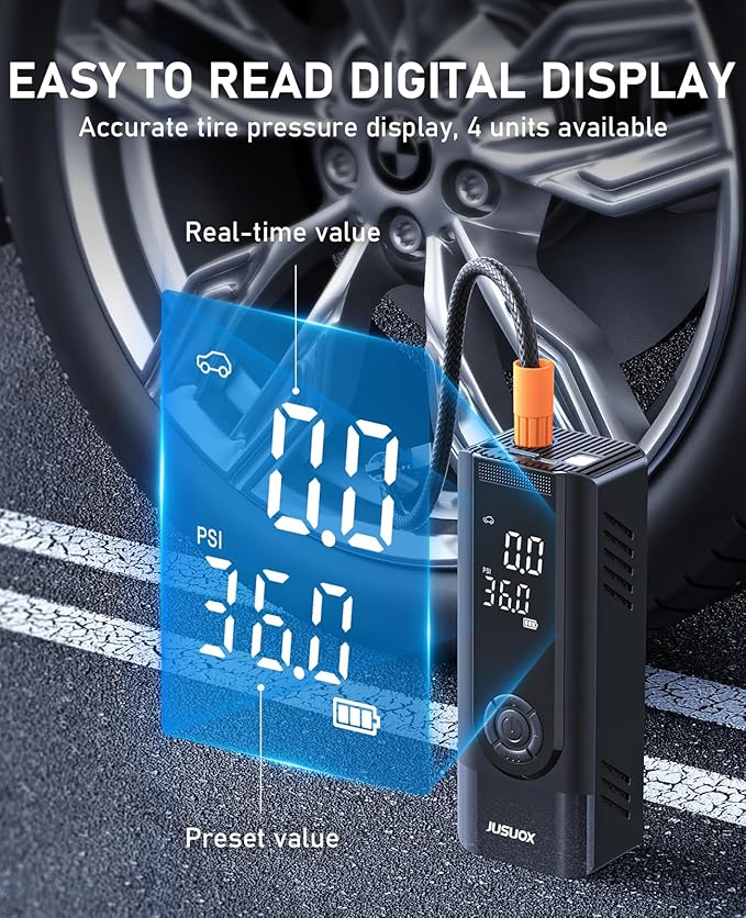 Tire Inflator Portable Air Compressor, 150PSI Cordless Air Pump for Car Tires, Battery & 12V DC Dual Power Electric Bike Tire Pump with Digital Pressure Gauge, LED Light, for Motorcycle, Ball