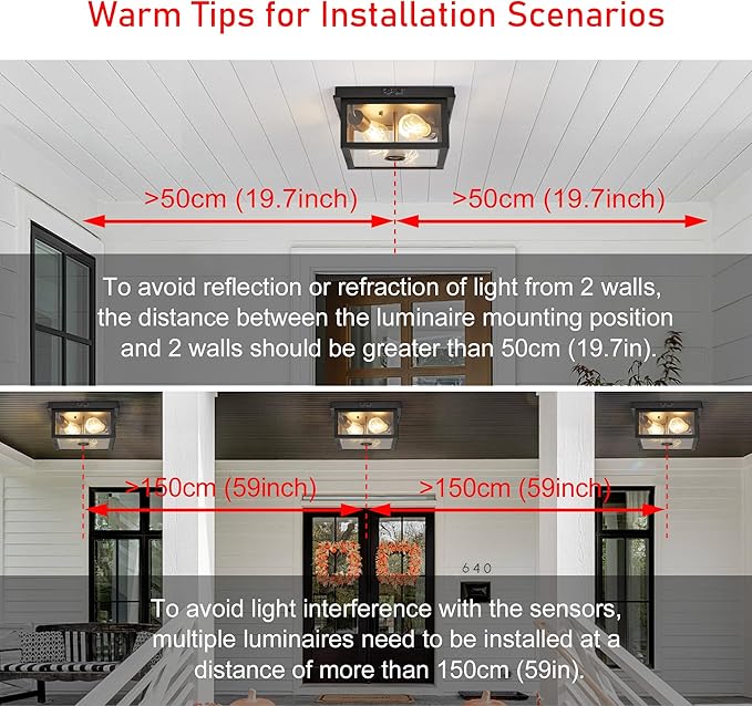 Adjustable Motion Sensor Ceiling Light Fixture Outdoor Modern Design of Squares Flush Mount 2-Light Textured Black with Clear Glass for Your Porch,Garage,Patio,Hallway,Front and Back Yards