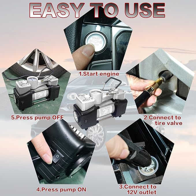 YUNGTEE Sliver Tire Inflator Heavy Duty Double Cylinders Direct Drive Inflation Pump,12V Portable Air Compressor Pump with Emergency LED Light - 150PSI Tire Pump,Apply to Car,Suv,RV