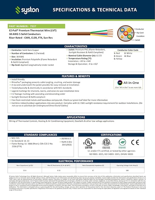 Syston 18/5 Thermostat Doorbell HVAC Heating Control Cable Wire, 100% Solid Copper Conductors CL3R/FT4/CMR Riser-Rated UL/ETL Listed, UV Resistant RoHS for Indoor/Outdoor Low Voltage Applications Use