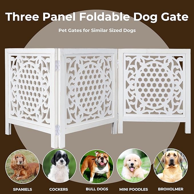 Bedding Craft Wooden Dog Gate 20" Wide x3 Panels,Color White, Total 60 inch Wide, Foldable Free Standing Dog Gate Indoor,Dcorative Gates Doorways, 3 Panels Pet Gate Extra 24" Height