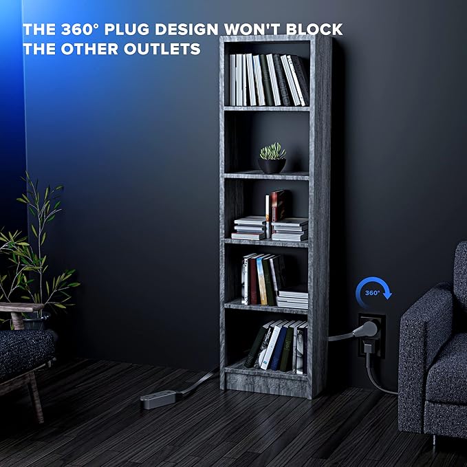 Maximm Cable 1 Ft 360° Rotating Flat Plug Extension Cord/Wire, 16 AWG Multi 3 Outlet Extension Wire, 3 Prong Grounded Wire - Black - UL Certified