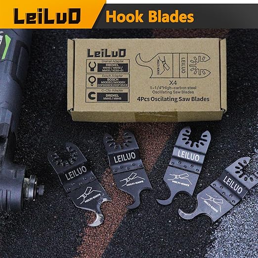 LEILUO 4 Pcs Oscillating Multi Tool Hook Knife Blades for Cutting Carpet Roofing Shingles Cardboard Soft Materials Includes Storage Bag Compatible with DeWalt Makita Ryobi Milwaukee and More