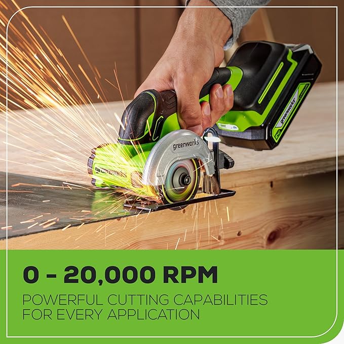 Greenworks 24V Mini Circular Cut-Off Saw Kit – Cordless Brushless 3'' Cutting Tool with 2.0Ah Battery & Charger, Compact for Metal, Tile, Plastic, Grinder-Style Design
