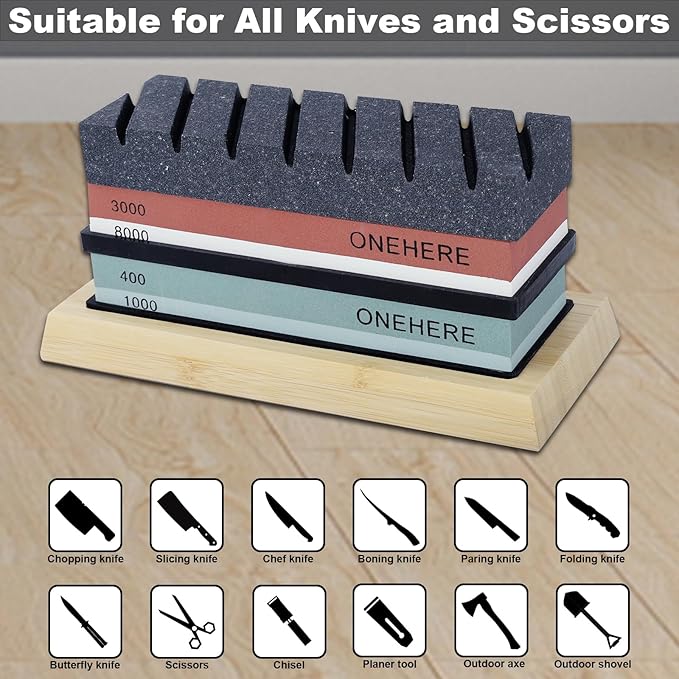 Knife Sharpening Stone Set, ONEHERE 4 Side Grit 400/1000 3000/8000 Whetstone Sharpener Kit with Non-Slip Bamboo Base, Leather Strop, Cut Resistant Gloves, Flattening Stone & Angle Guide (Large Set)