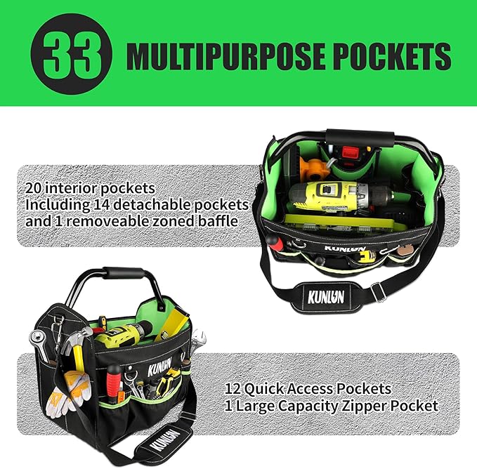 17-Inch Open Top Tool Bag, Electrician Tool Bag, Tool Tote Bag Organizer for Easy Tool Access, 33 Pockets Foldable Tool Carrier with Rotating Steel Handle and Removable Shoulder Strap (Black+Green)