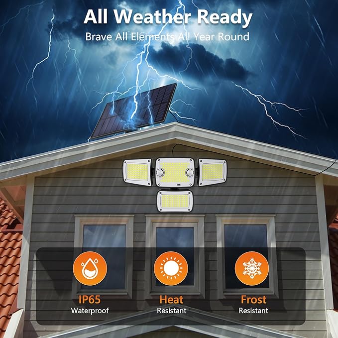 Solar Outdoor Lights, 3000LM 4 Heads LED Floodlights, Remote Control Solar Motion Dual Sensors Security Lights, IP65 Waterproof Wall Lights for House, Patio, Fence, Garden, Yard, Garage