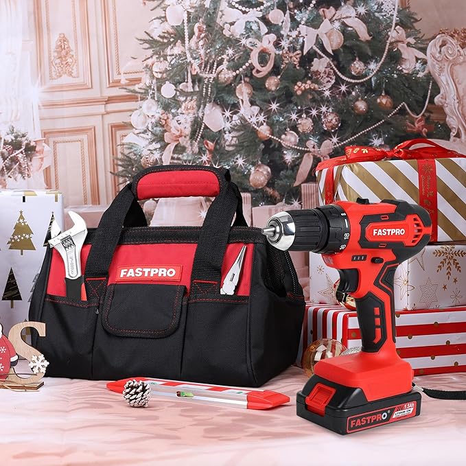 FASTPRO 232-Piece 20V Cordless Lithium-ion Drill Driver & Home Tool Set, Household Repairing Tool Kit with Drill, 12-Inch Wide Mouth Storage Tool Bag, Red