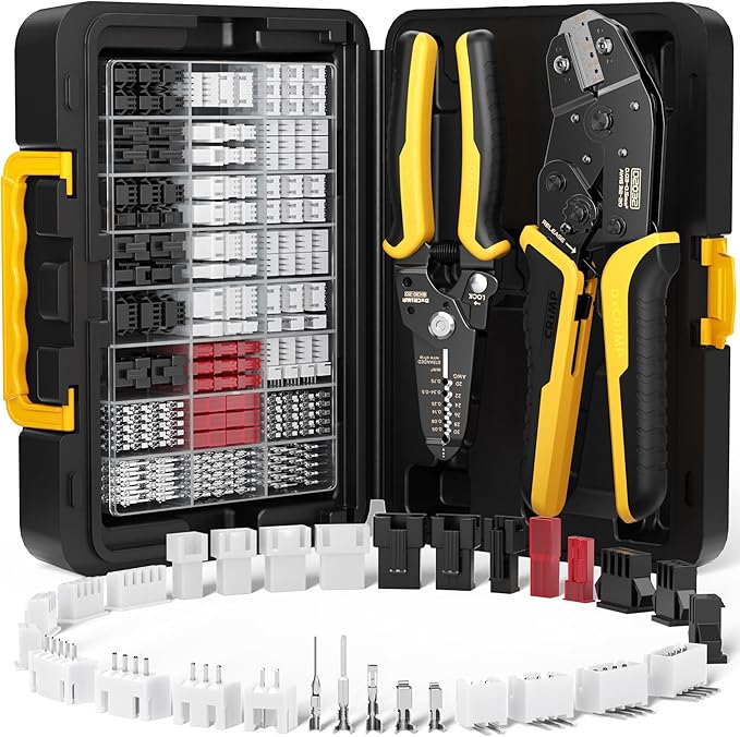 Crimp Tool Connector Kit, with 29 Types JST-SYP + JST-SM + JST-XH 2.5mm Connectors Set, Ratcheting Wire Crimper, Crimping Pliers 32-20 AWG for Dupont, JST-SM, KF2510, AMP EI-Serie, Molex