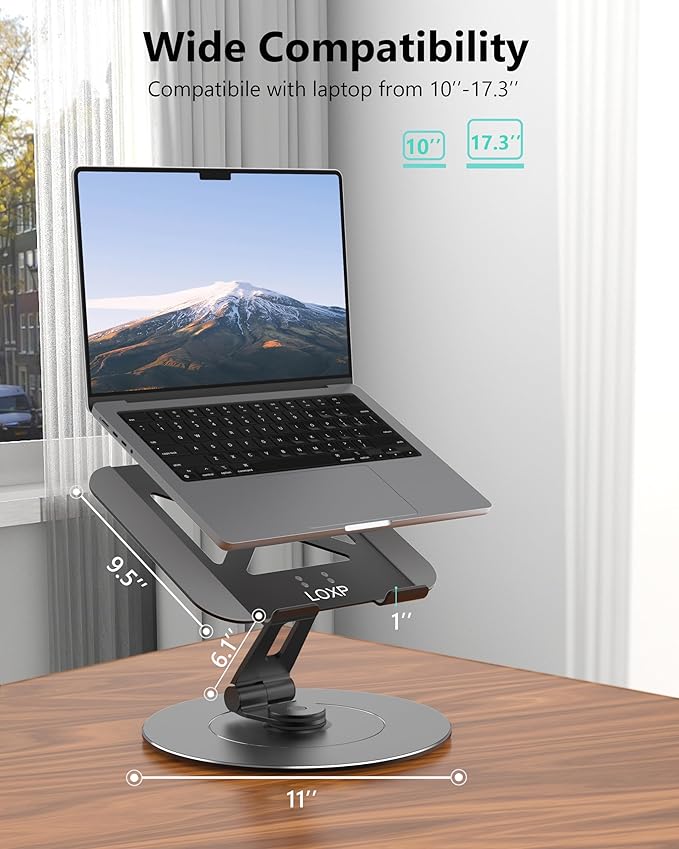 Ultra-Stable Aluminumy Swivel Laptop Stand for Desk with Rotating Foldable Phone Holder, 300% Large Base Stability, Anti-Loosening,Suitable for 10"-17.3" Laptops,Gray
