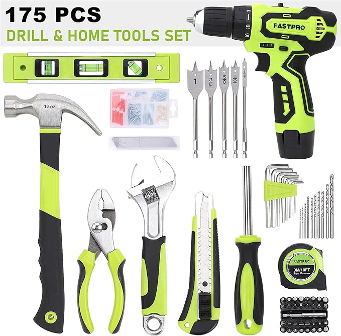 FASTPRO 175-Piece 12V Cordless Drill Set, Drill Driver and Home Tool Kit, House Repairing Tool with 12-Inch Storage Tool Bag, For DIY, Home Maintenance, Green