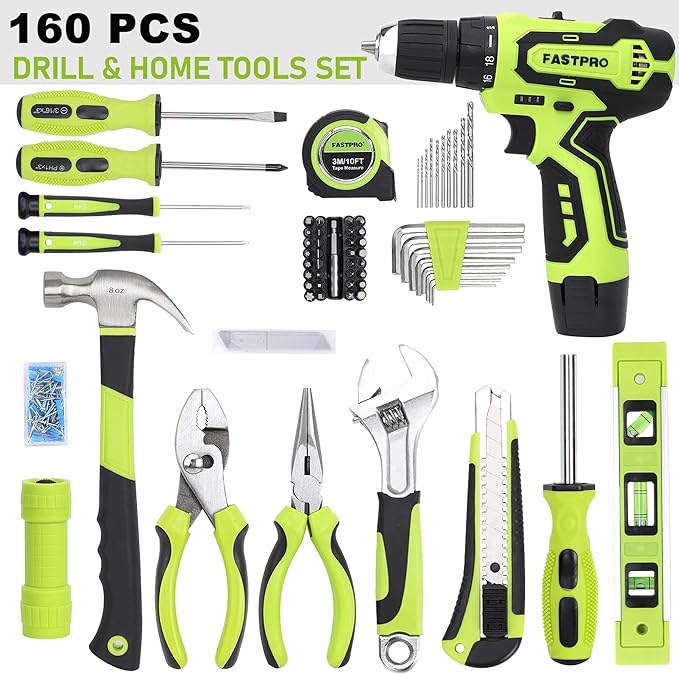 FASTPRO 160-Piece Home Tool kit with Drill, 12V Cordless Lithium-ion Drill Driver and Household Repairing Tool Set with Storage Case, For DIY, Home Maintenance, Green