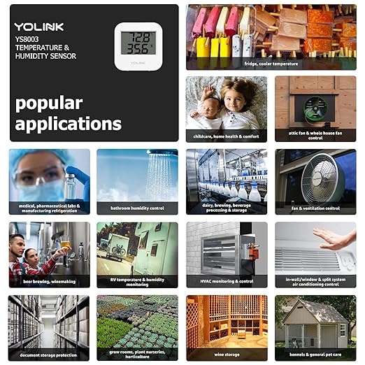 YoLink Smart Wireless Temperature & Humidity Sensor, Wide Temp Range for Fridge, Green House, Pet Cage, App Alerts, Emails, Text/SMS alerts- Hub Required