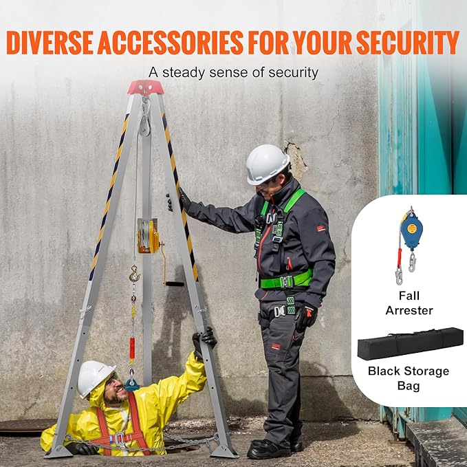 VEVOR Confined Space Tripod Kit, 1200 lbs Winch, Confined Space Tripod 7' Legs Bracket and 98' Cable, Confined Space Rescue Tripod 32.8' Fall Protection, Storage Bag for Traditional Confined Spaces