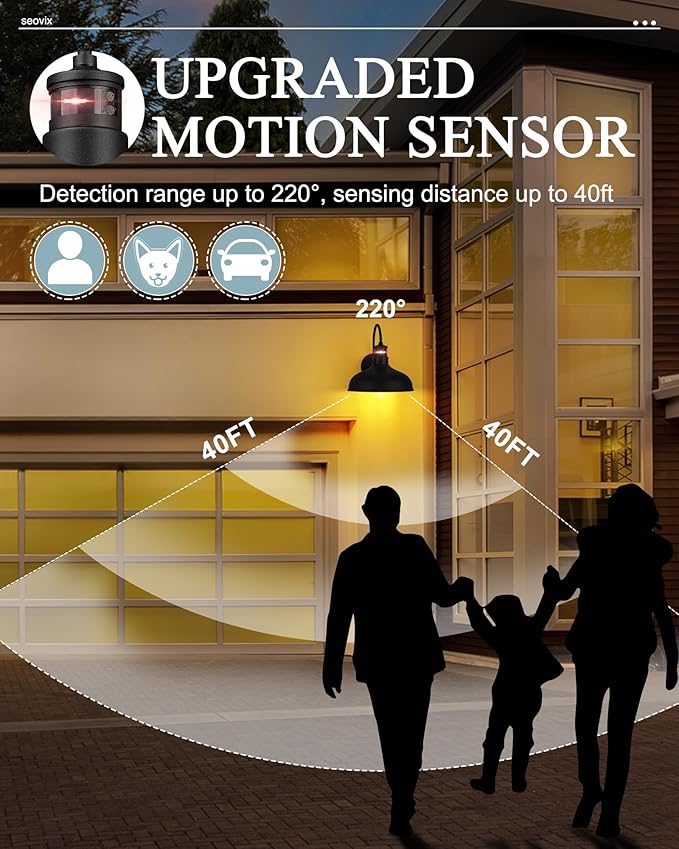 2 Pack 12" Motion Sensor Barn Lights, Outdoor Wall Lights with Dusk to Dawn Feature, IP65 Waterproof Farmhouse Gooseneck Light for House, Patio, Garage，HSMD2215-2