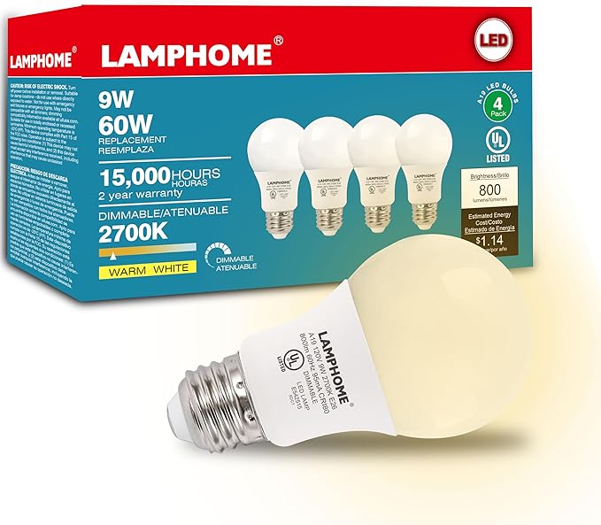 4-Pack Soft White LED Bulbs - Ideal for Bedroom & Living Room, 60W Equivalent, 2700K, 9W, 15000-Hour Life, E26 Base