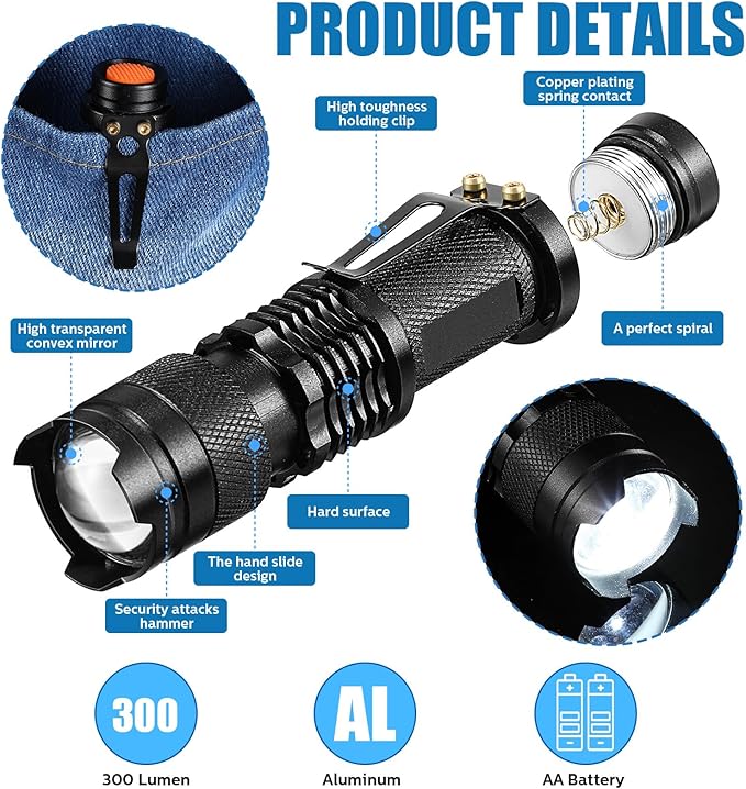 Fumete 20 Pieces LED Flashlight Mini 3 Mode Tactical Torch Small Water Resistant Pocket Flash Light Adjustable Focus Light Pen for Men, Father, Indoor Outdoor Hiking(Black)