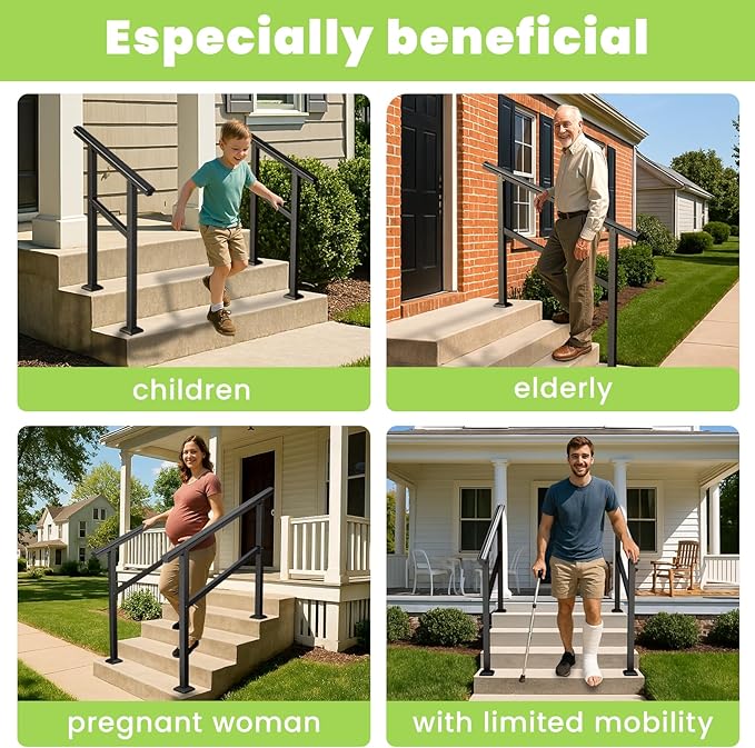 SPACEEUP Hand Rails for Outdoor Steps,2 Step Handrail，24" x 34" Fits 0 to 2 Steps, Outdoor Stair Handrail Kit, Black Railings for Outdoor Steps for Porch Deck，Hand Rails for Seniors